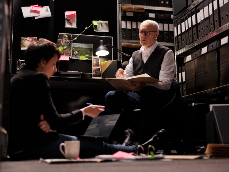 Two forensic accounting investigators reviewing financial documents together, collaborating on a fraud investigation and evidence analysis in a professional office setting.