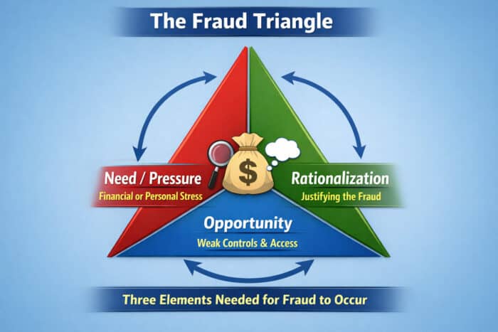 Diagram illustrating the Fraud Triangle, showing three interconnected elements required for fraud to occur: Need or Pressure (financial or personal stress), Opportunity (weak controls or access), and Rationalization (justifying the fraudulent behavior), arranged as a three-sided triangle with arrows indicating their interaction.